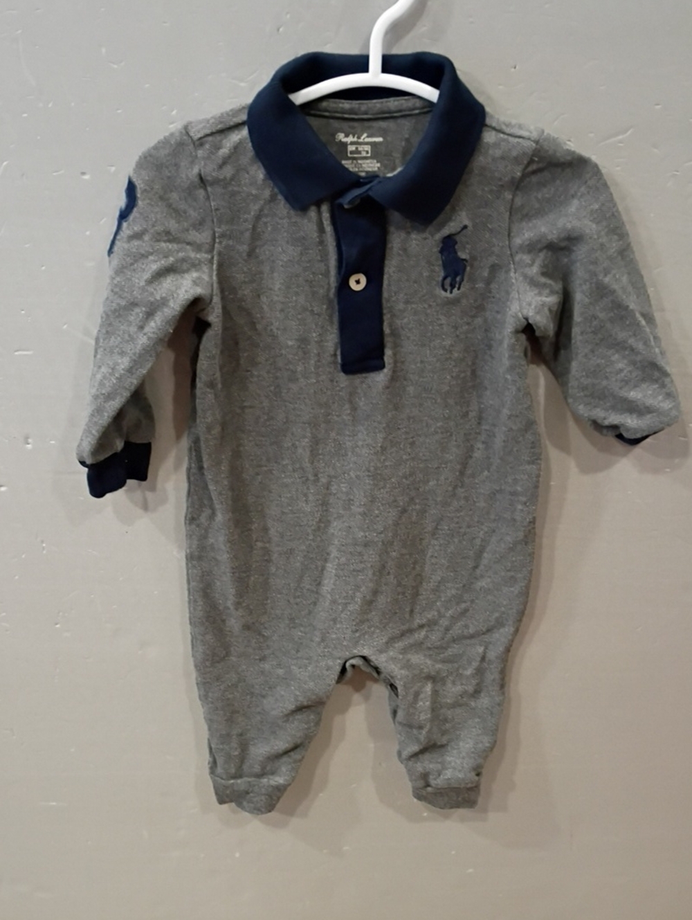 Ralph Lauren Baby Grey Polo One-Piece with Navy Trim